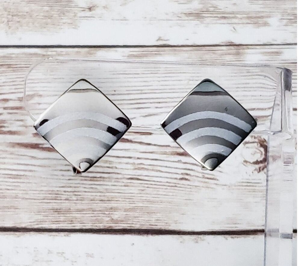 Vintage Clip On Earrings - Silver Tone Diamond Shape with Design